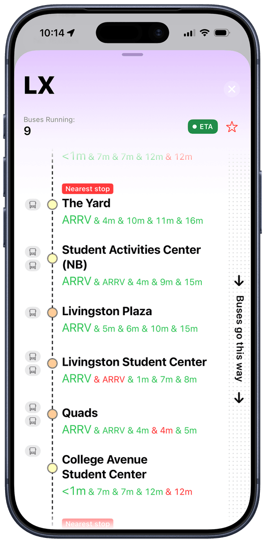 XRadar LX route stop list with live arrival times for each stop