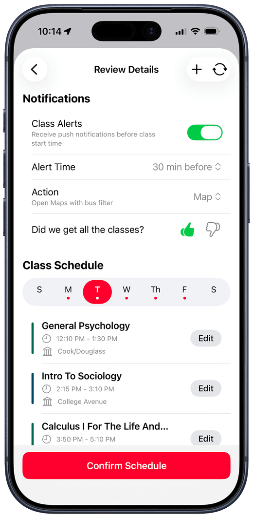 XRadar class alerts and weekly class schedule review screen