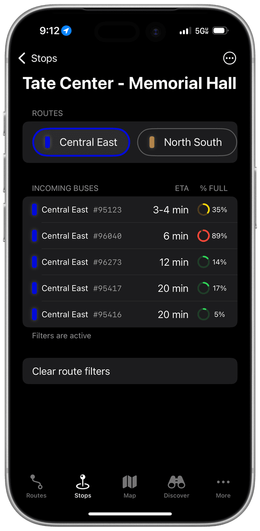 XRadar dark-mode stop view listing incoming buses with ETA and how full each bus is