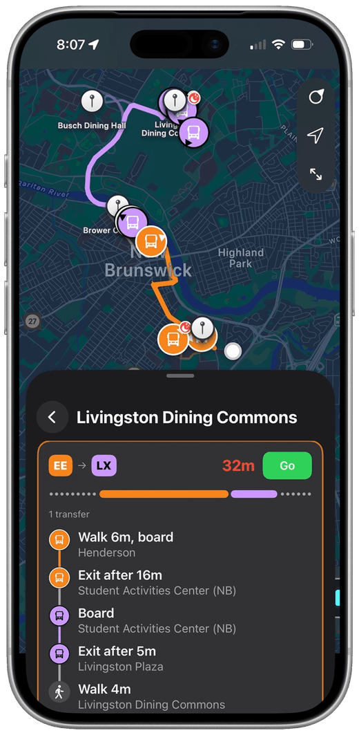 XRadar trip planner routing from the EE to the LX bus with a transfer