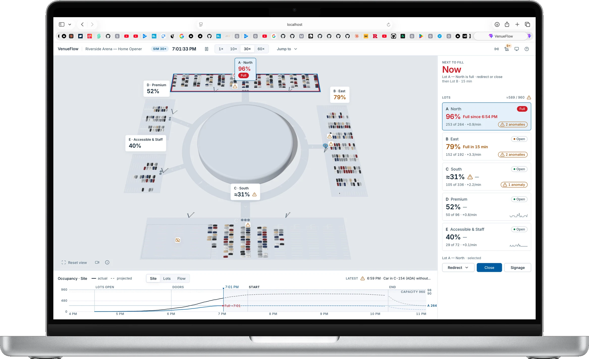 A MacBook running the XRadar predictive analytics dashboard, showing live lot occupancy and an actual-versus-projected demand curve